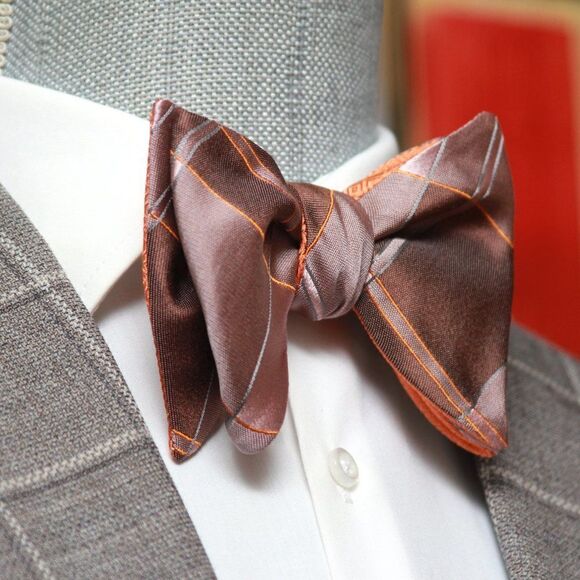 Men's Self-tied Bow Tie 100%Silk‎ Big Butterfly Orange Mauve Plaid S677 - Picture 7 of 14